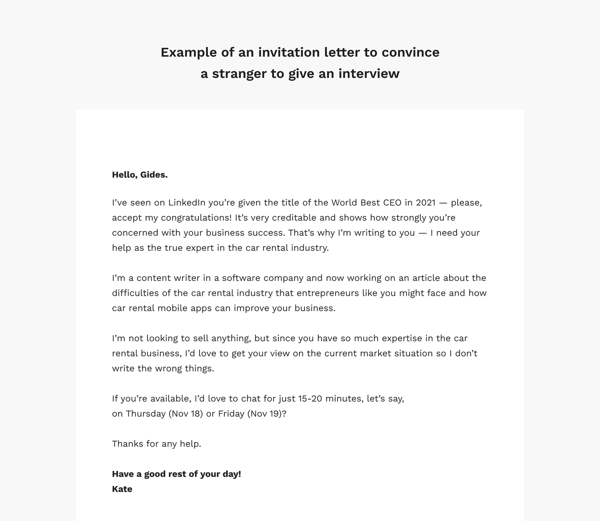 Example of an invitation letter to convince a stranger to give an interview
