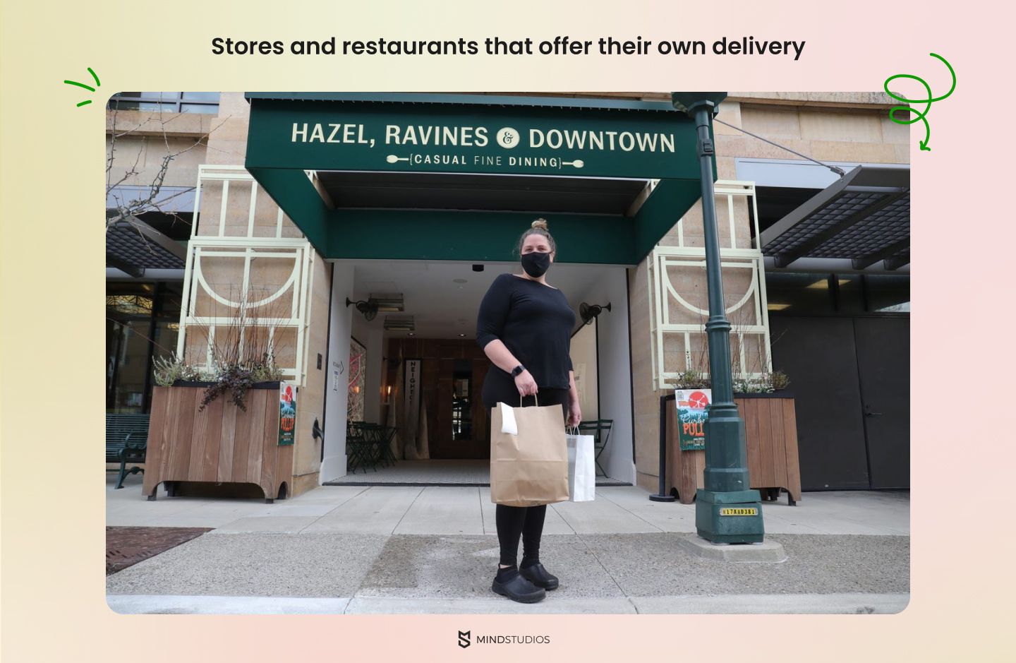 Emmele Herrold in front of Hazel Ravins in Birmingham, the restaurant that in 2020 launched their own delivery services for customers under the pandemic restrictions. Source: Detroit Free Press