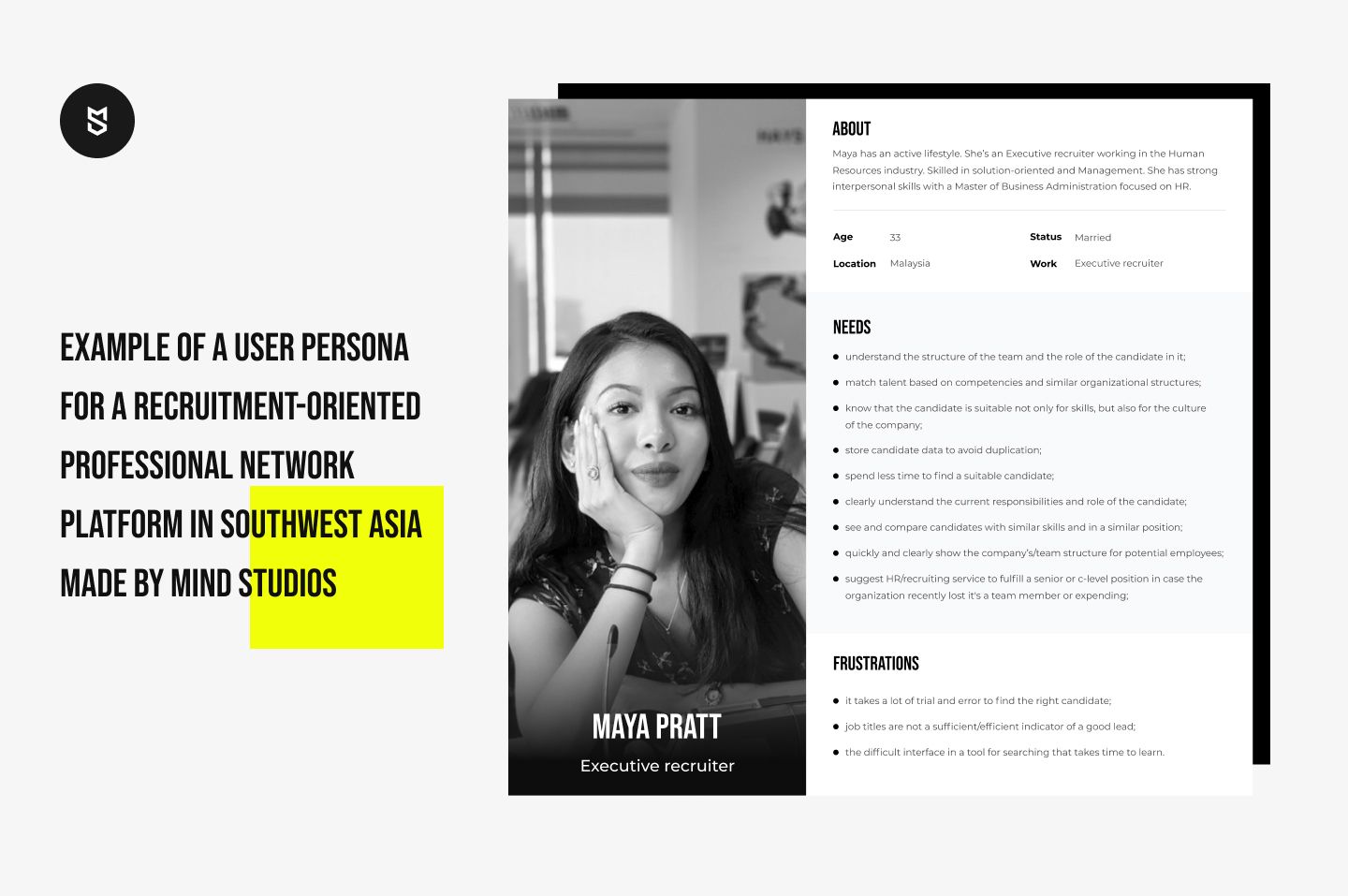 Example of a user persona for a recruitment-oriented professional network platform in Southwest Asia made by Mind Studios