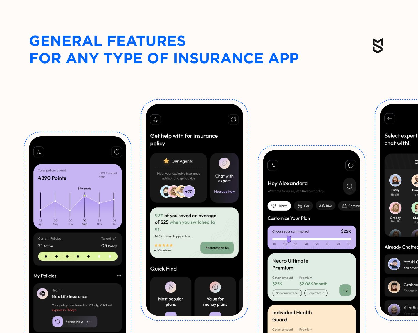 General features for any type of insurance app
