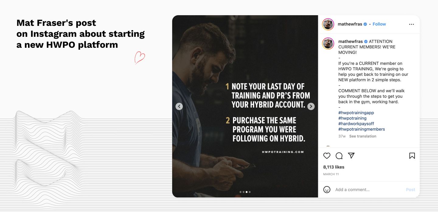 Mat Fraser's post on Instagram about starting a new HWPO platform.