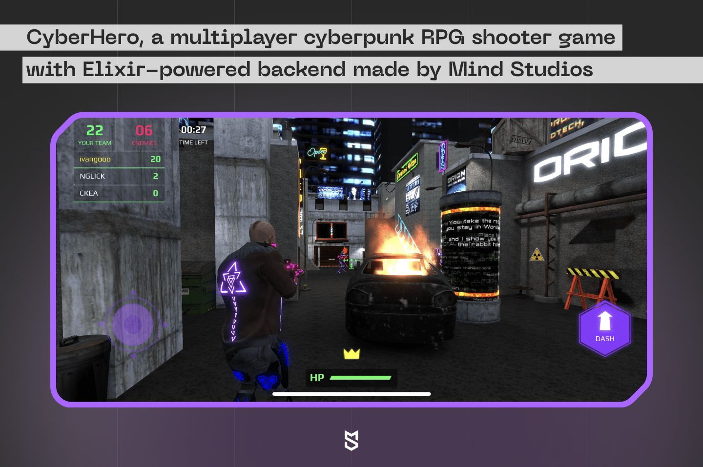 CyberHero, a multiplayer cyberpunk RPG shooter game with Elixir-powered backend made by Mind Studios