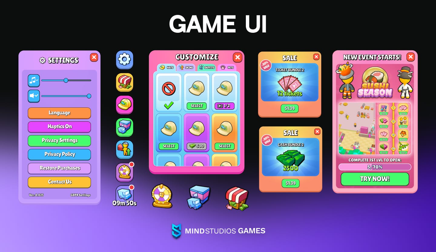 Game UI elements for MyFishShop, a game by Mind Studios Games