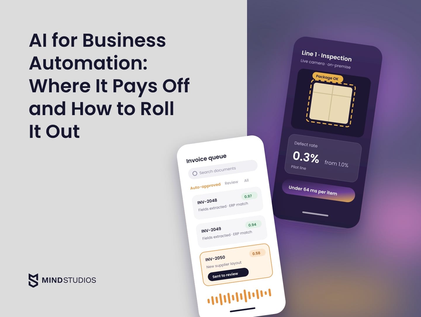 AI for business automation: an invoice queue that sends a low-confidence document to review, next to a production line inspection screen