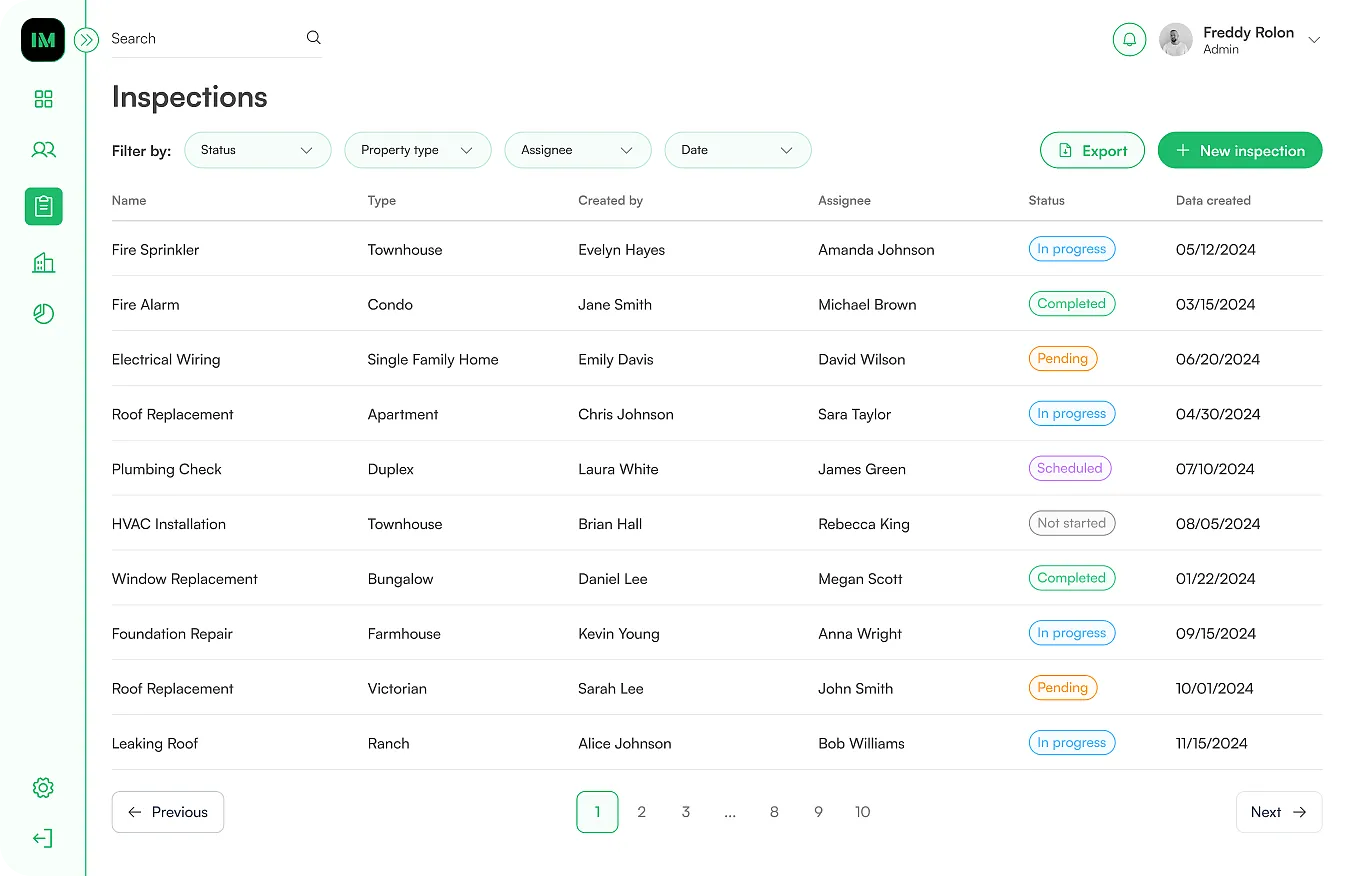 Inspection dashboard showing a list of inspections with columns for name, type, creator, assignee, status, and date created, including a filter bar and options to export or create new inspection.