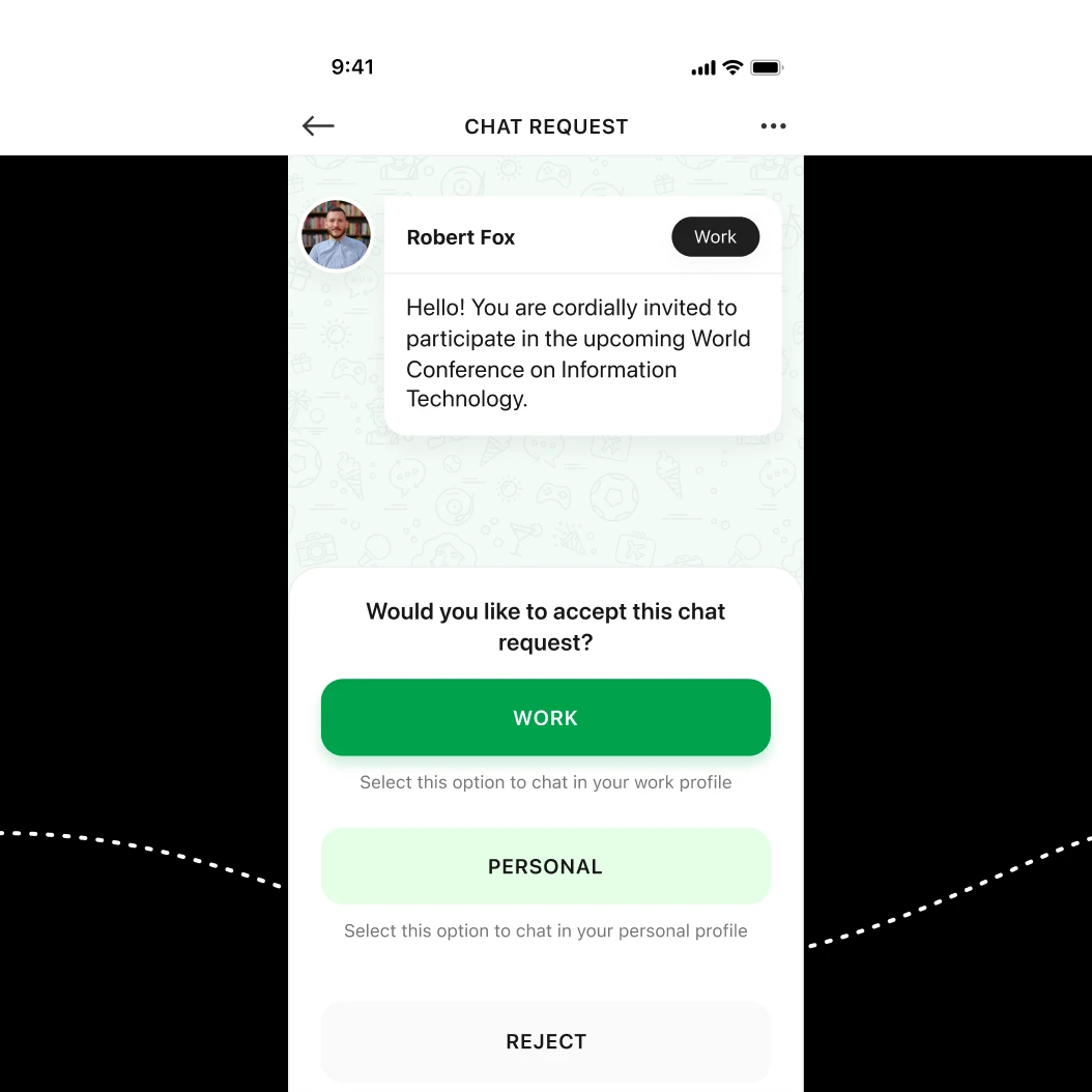 Chapp chat request screen: an invitation from Robert Fox with Work, Personal and Reject options.