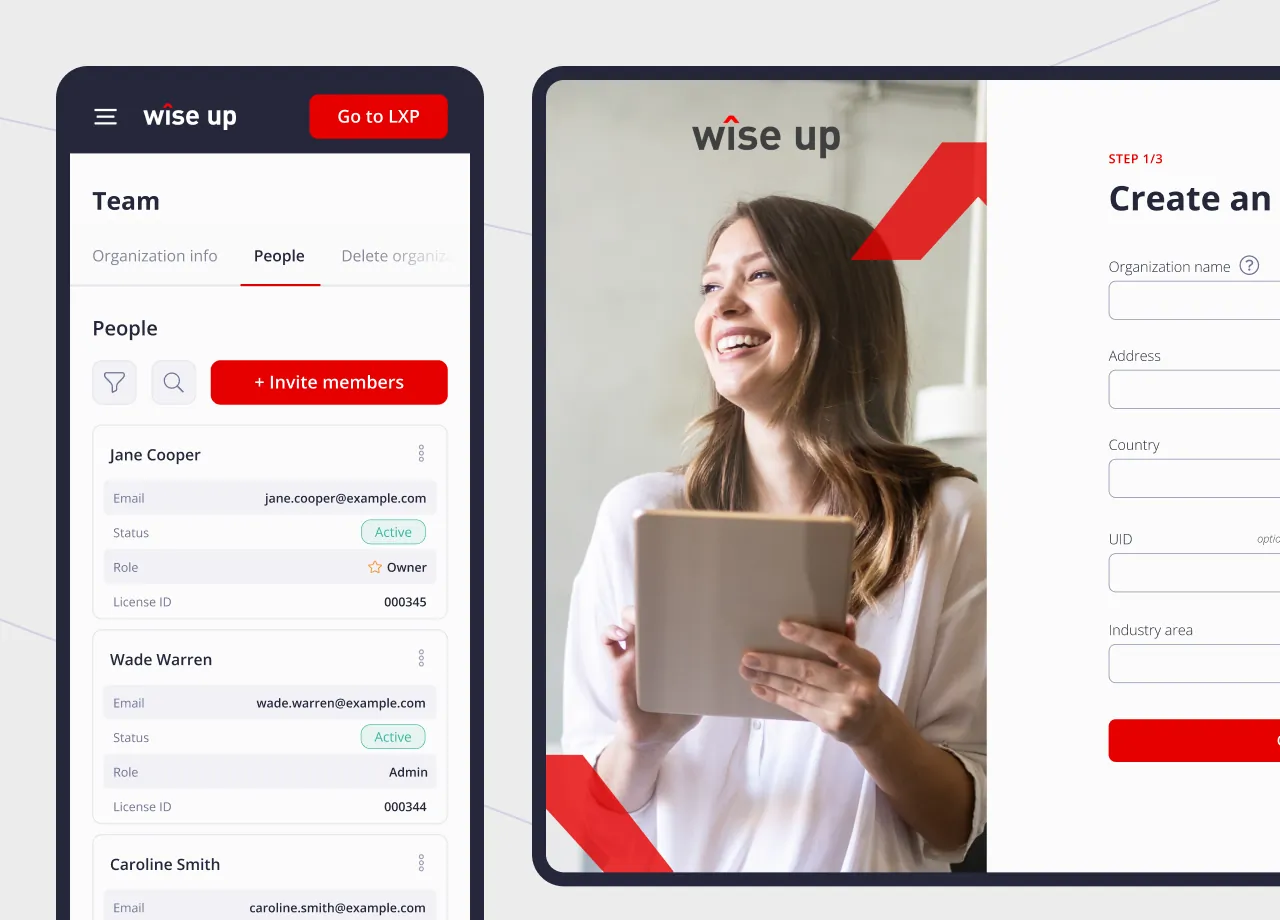 A smiling woman holds a tablet next to a team management app interface. The app displays user details and an option to invite members. The tone is professional and cheerful.
